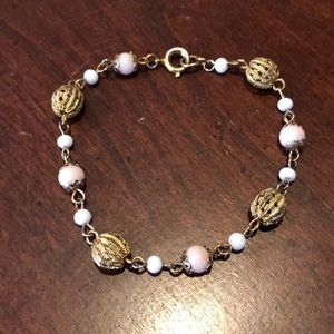 Vintage Goldtone Filigree White Pink Bead Bracelet